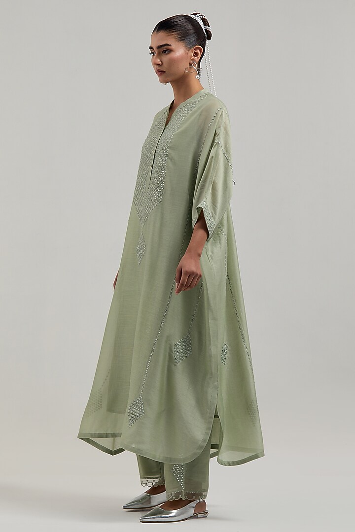 Green Silk Chanderi Mirror Embroidered Kaftan Set by Kora at Pernia's Pop Up Shop