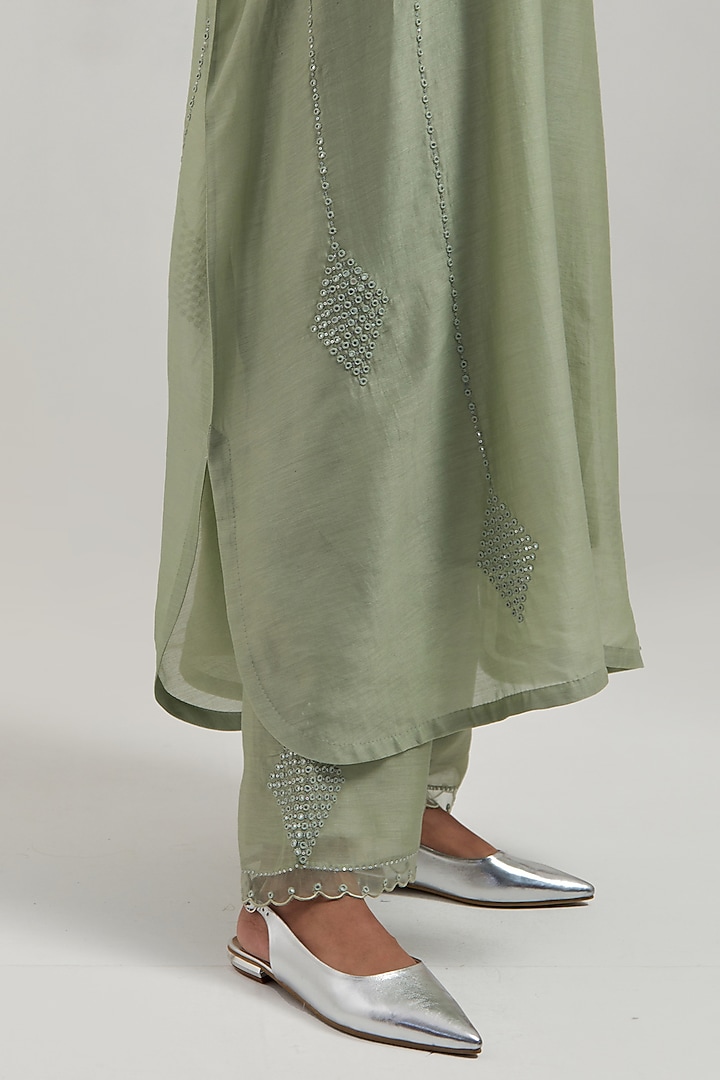Green Silk Chanderi Mirror Embroidered Kaftan Set by Kora at Pernia's Pop Up Shop