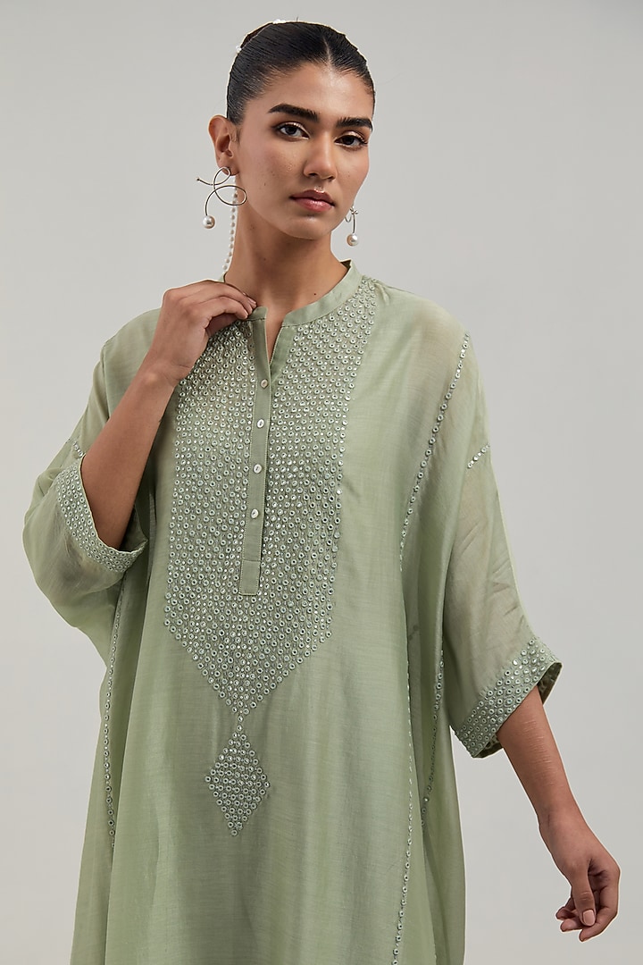Green Silk Chanderi Mirror Embroidered Kaftan Set by Kora at Pernia's Pop Up Shop