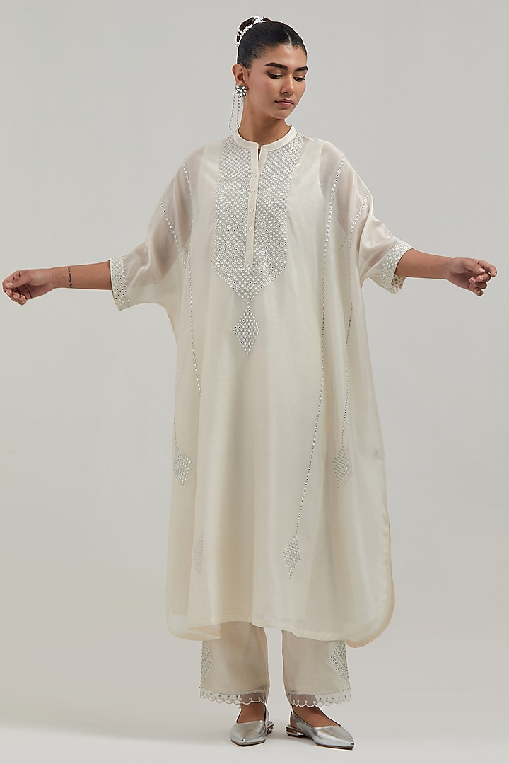 Off-White Silk Chanderi Mirror Embroidered Kaftan Set by Kora at Pernia's Pop Up Shop