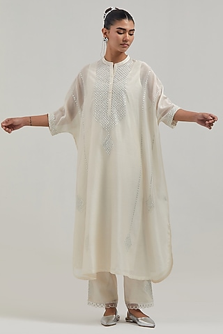 Off-White Silk Chanderi Mirror Embroidered Kaftan Set by Kora