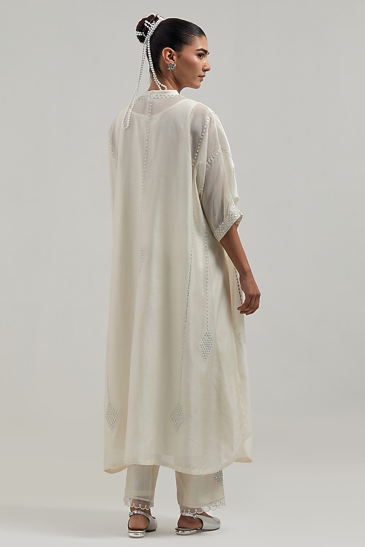 Off-White Silk Chanderi Mirror Embroidered Kaftan Set by Kora at Pernia's Pop Up Shop