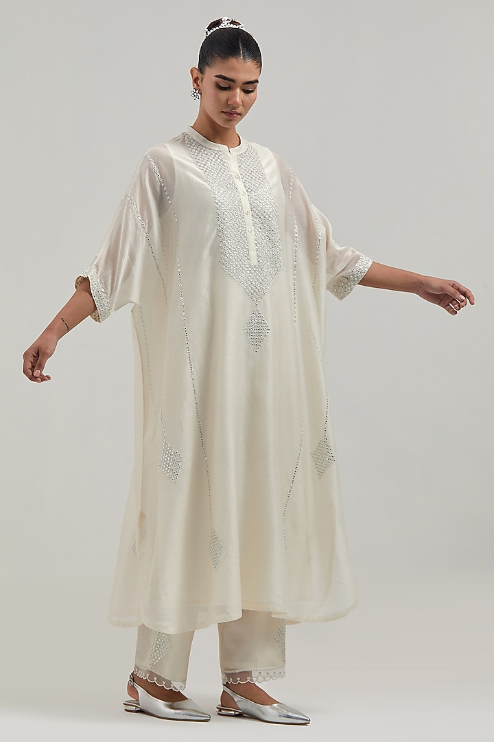 Off-White Silk Chanderi Mirror Embroidered Kaftan Set by Kora at Pernia's Pop Up Shop