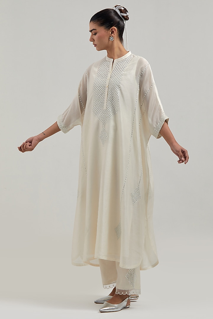 Off-White Silk Chanderi Mirror Embroidered Kaftan Set by Kora at Pernia's Pop Up Shop