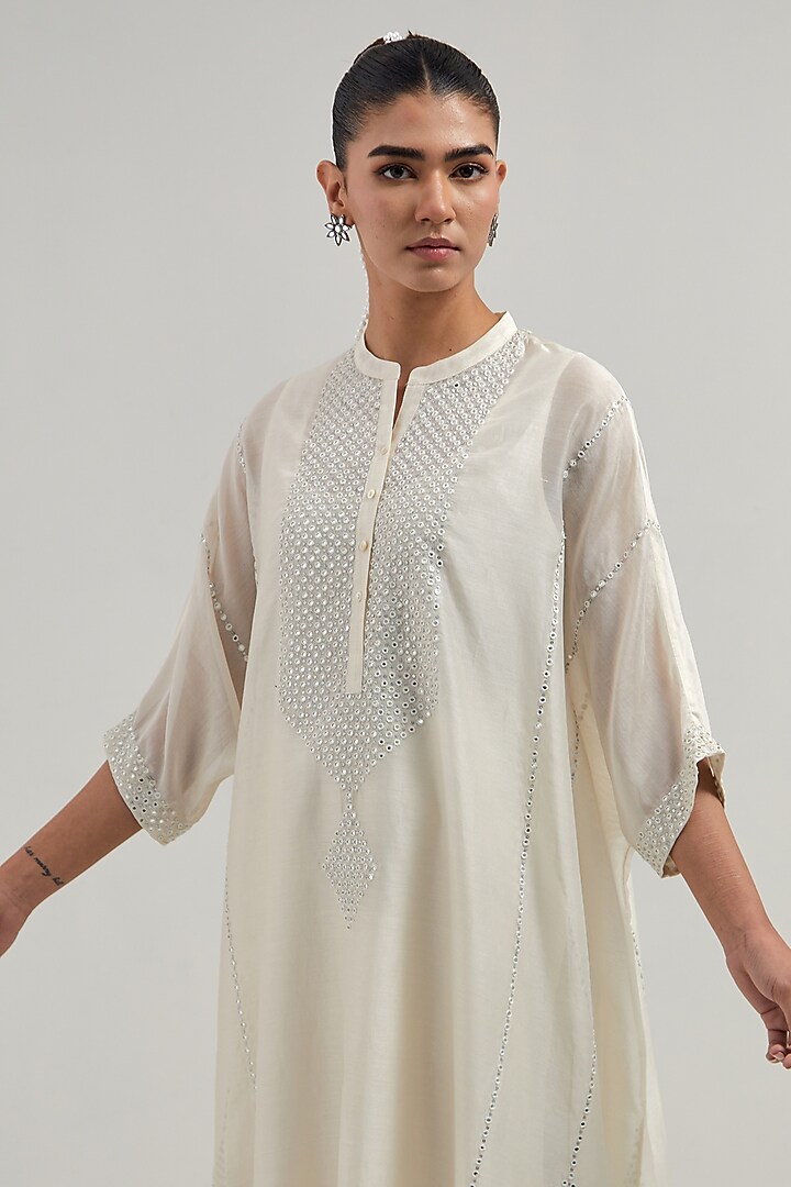 Off-White Silk Chanderi Mirror Embroidered Kaftan Set by Kora at Pernia's Pop Up Shop