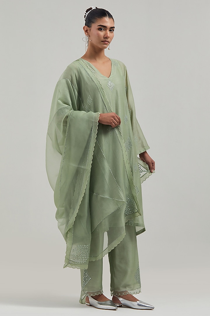 Green Silk Chanderi Mirror Embroidered Short Kurta Set by Kora at Pernia's Pop Up Shop