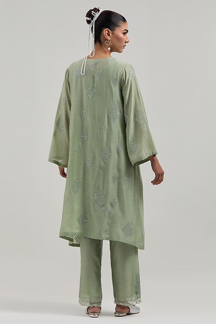 Green Silk Chanderi Mirror Embroidered Short Kurta Set by Kora at Pernia's Pop Up Shop