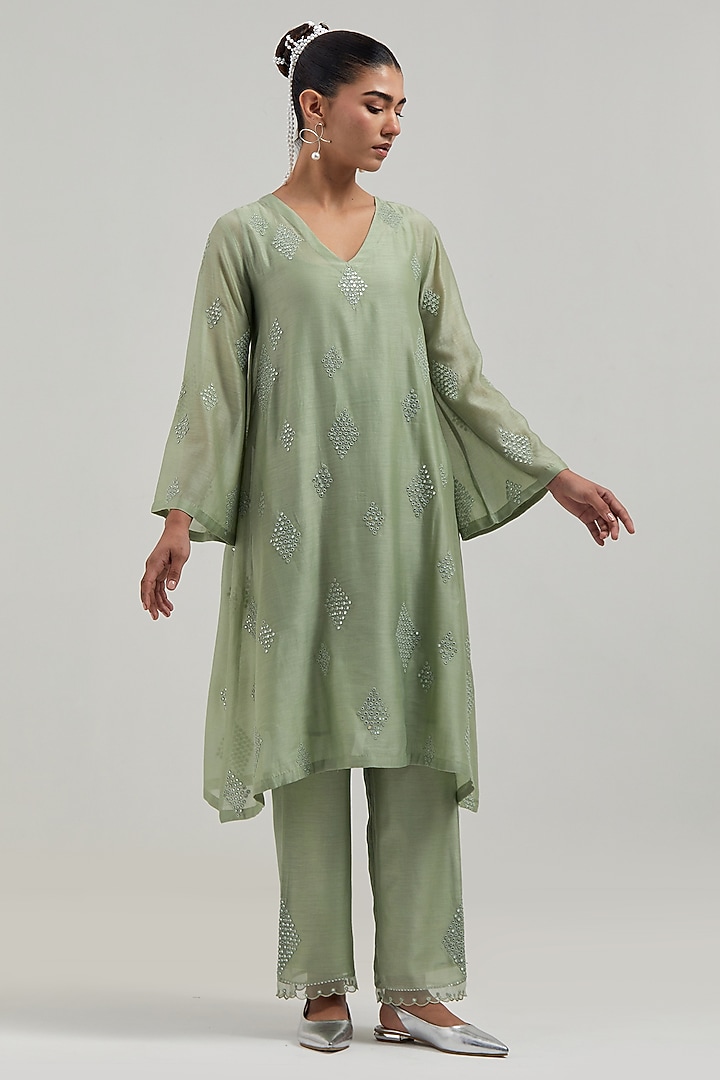 Green Silk Chanderi Mirror Embroidered Short Kurta Set by Kora at Pernia's Pop Up Shop