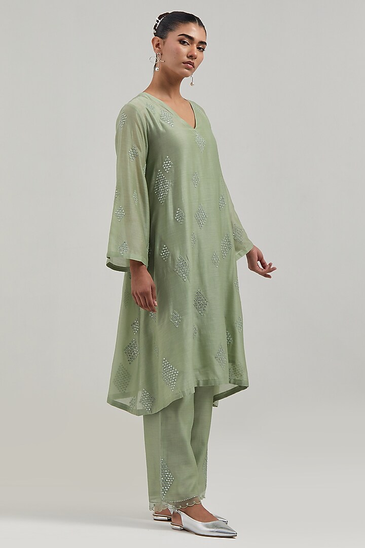 Green Silk Chanderi Mirror Embroidered Short Kurta Set by Kora at Pernia's Pop Up Shop
