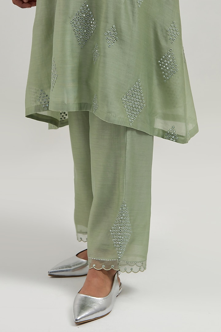 Green Silk Chanderi Mirror Embroidered Short Kurta Set by Kora at Pernia's Pop Up Shop