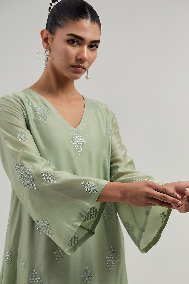 Green Silk Chanderi Mirror Embroidered Short Kurta Set by Kora at Pernia's Pop Up Shop