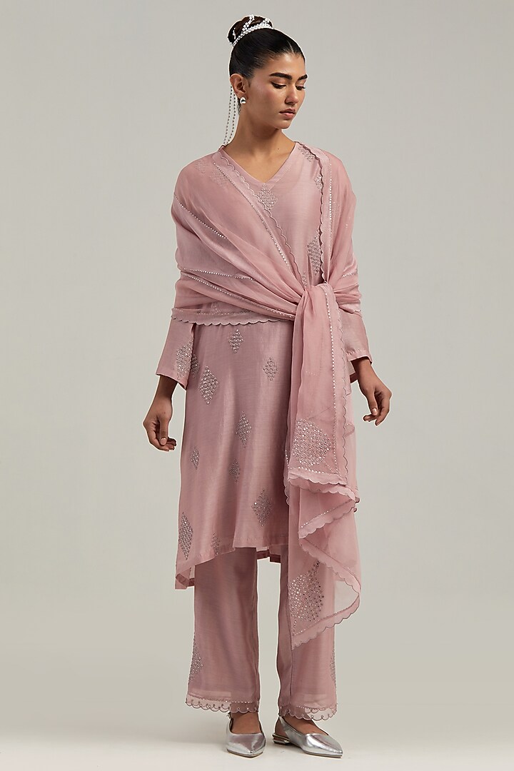 Pink Silk Chanderi Mirror Embroidered Short Kurta Set by Kora at Pernia's Pop Up Shop