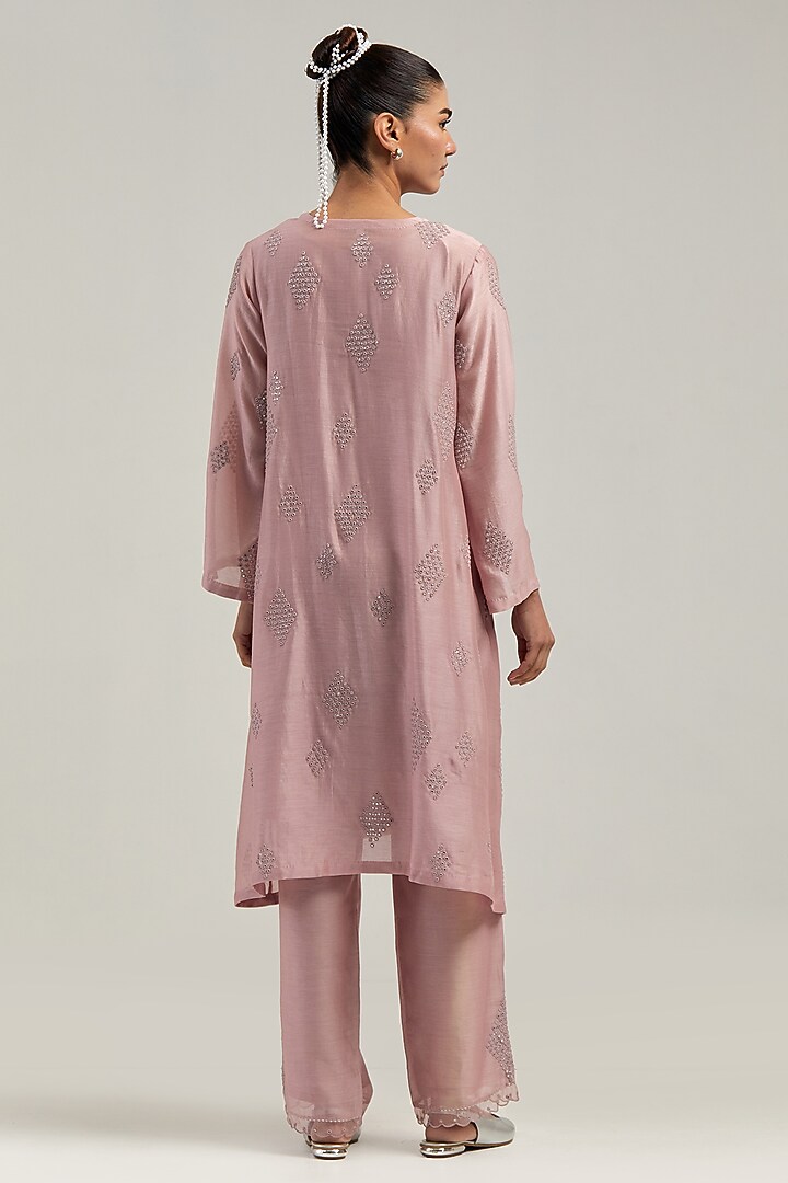Pink Silk Chanderi Mirror Embroidered Short Kurta Set by Kora at Pernia's Pop Up Shop
