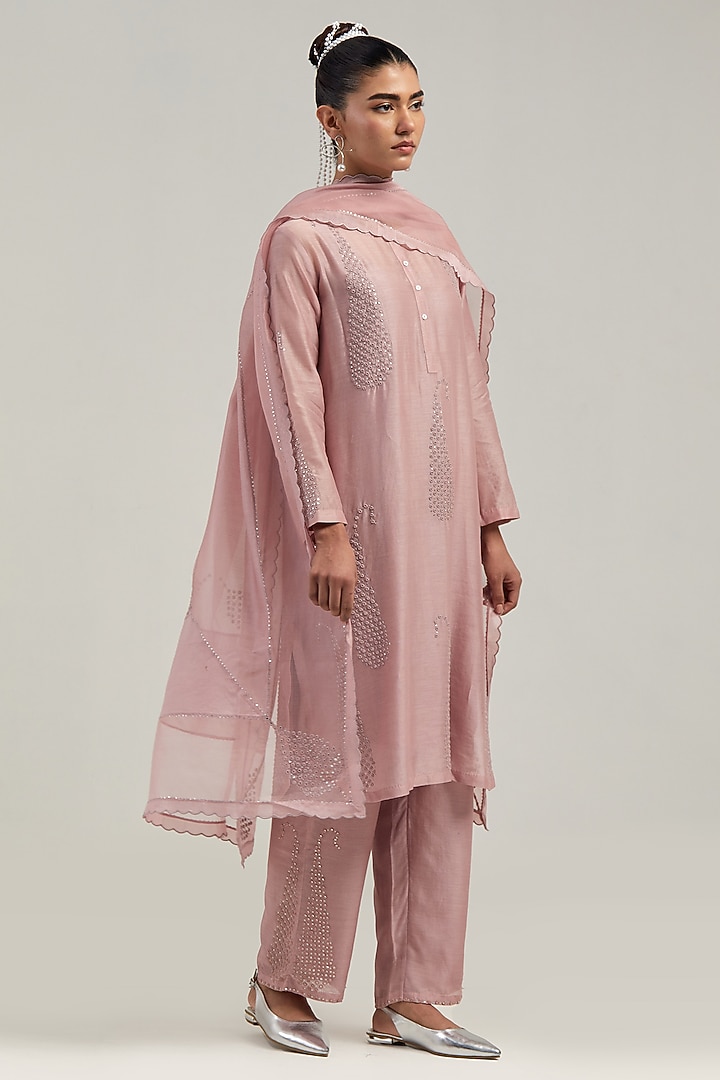 Pink Silk Chanderi Mirror Embroidered Short Kurta Set by Kora at Pernia's Pop Up Shop