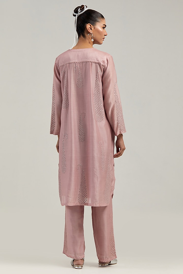 Pink Silk Chanderi Mirror Embroidered Short Kurta Set by Kora at Pernia's Pop Up Shop