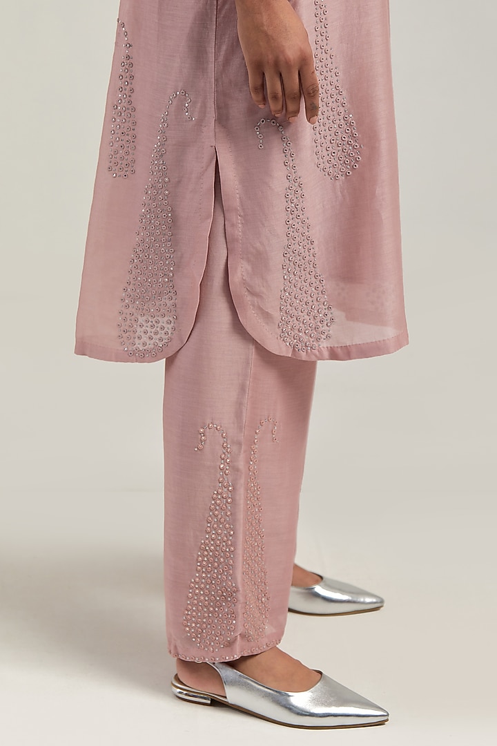 Pink Silk Chanderi Mirror Embroidered Short Kurta Set by Kora at Pernia's Pop Up Shop