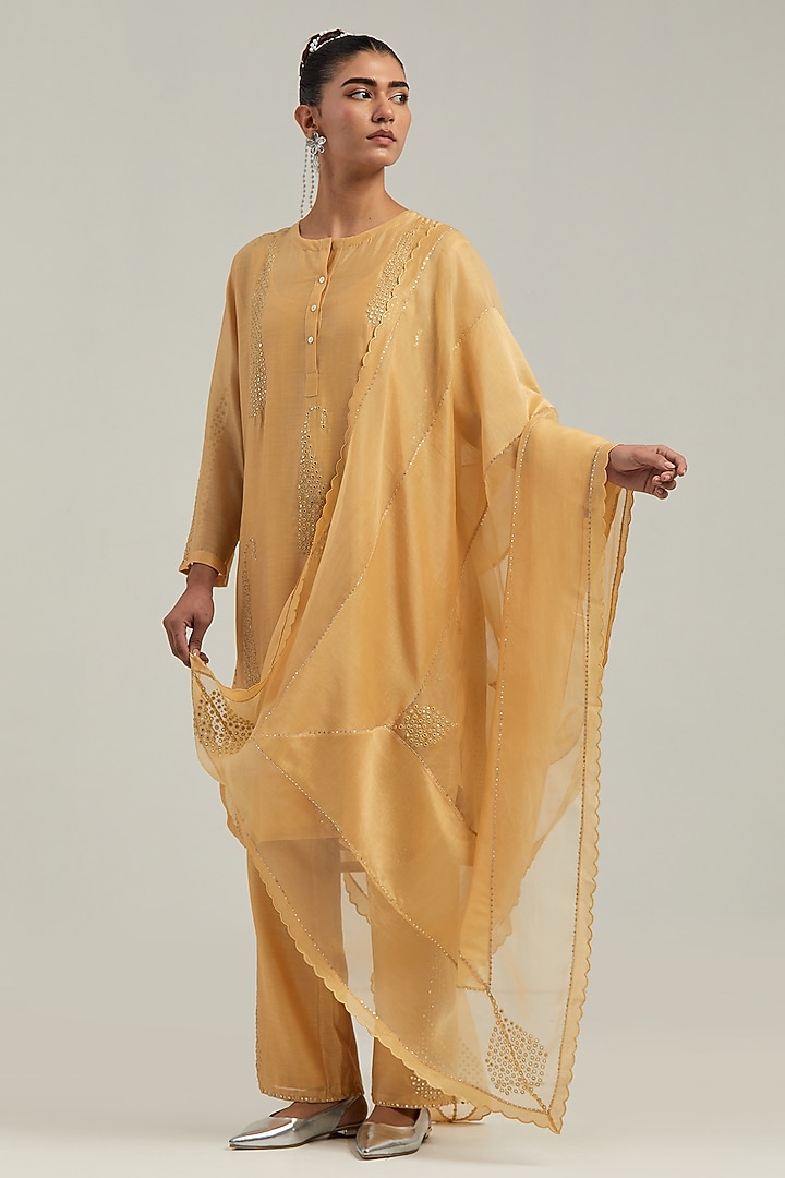Yellow Silk Chanderi Mirror Embroidered Short Kurta Set by Kora at Pernia's Pop Up Shop
