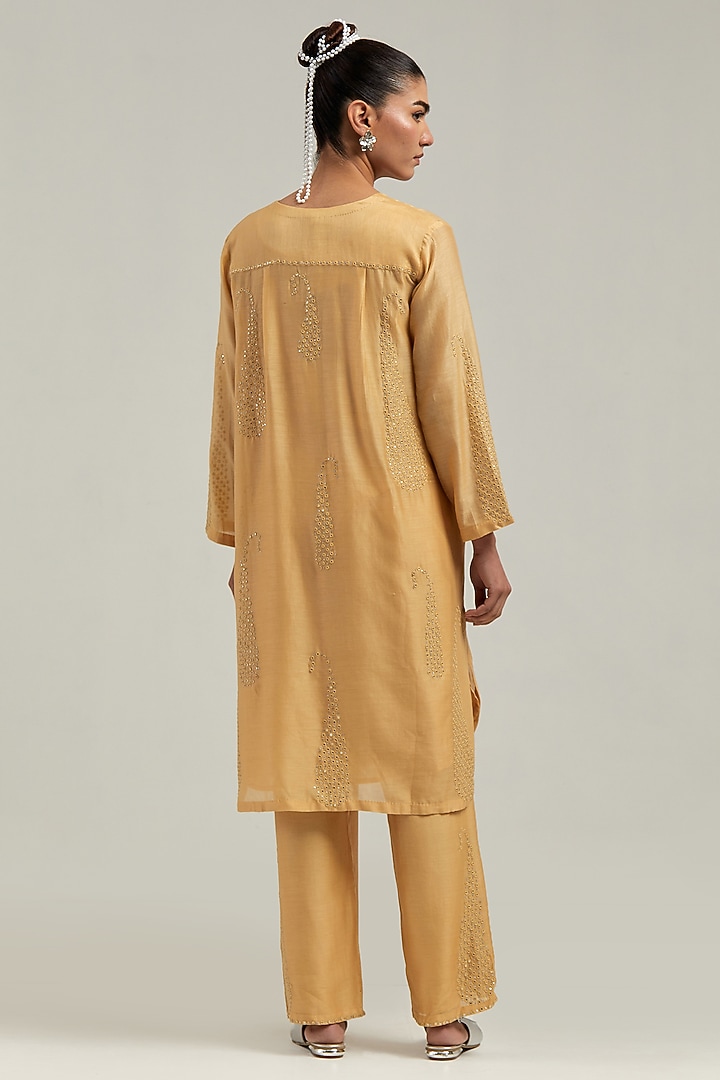 Yellow Silk Chanderi Mirror Embroidered Short Kurta Set by Kora at Pernia's Pop Up Shop