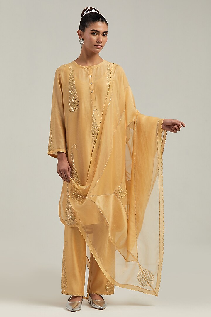 Yellow Silk Chanderi Mirror Embroidered Short Kurta Set by Kora at Pernia's Pop Up Shop