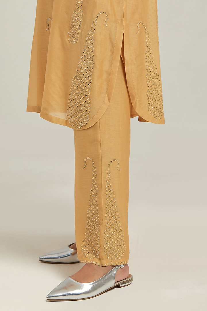 Yellow Silk Chanderi Mirror Embroidered Short Kurta Set by Kora at Pernia's Pop Up Shop