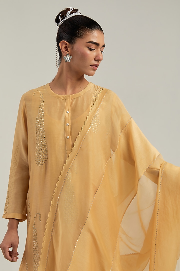 Yellow Silk Chanderi Mirror Embroidered Short Kurta Set by Kora at Pernia's Pop Up Shop
