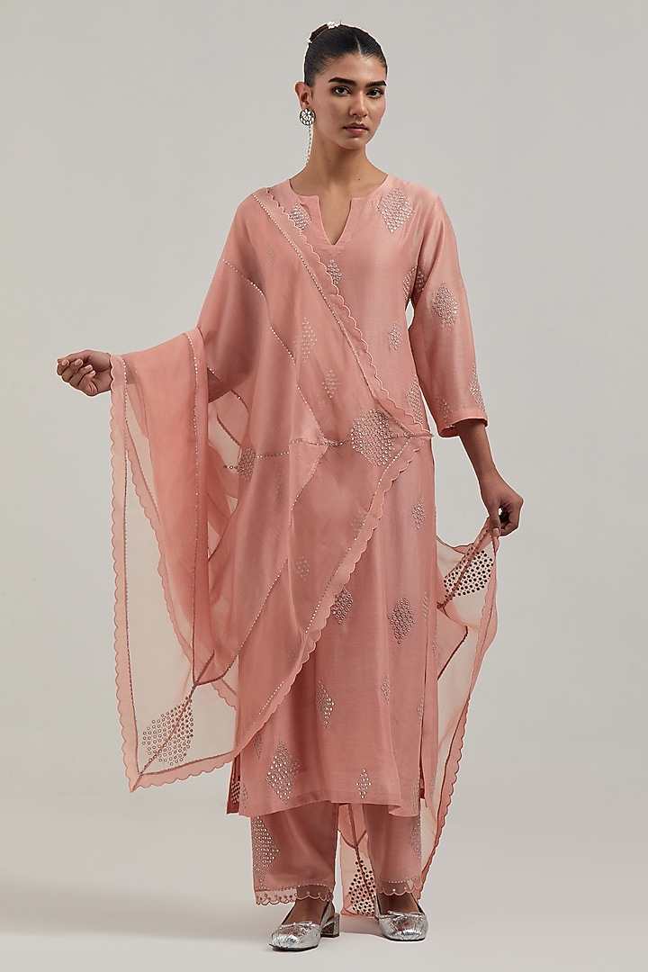Peach Silk Chanderi Mirror Embroidered Straight Kurta Set by Kora at Pernia's Pop Up Shop