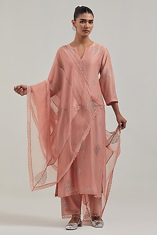 Peach Silk Chanderi Mirror Embroidered Straight Kurta Set by Kora