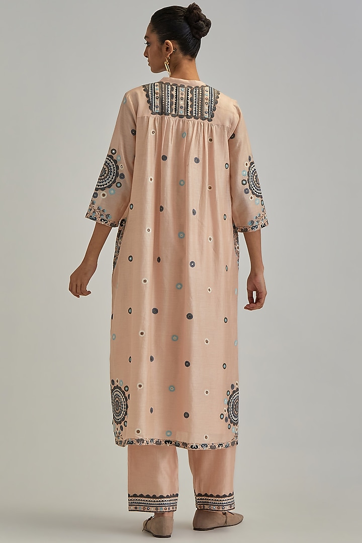 Pink Silk Chanderi Applique Embroidered Kurta Set by Kora at Pernia's Pop Up Shop