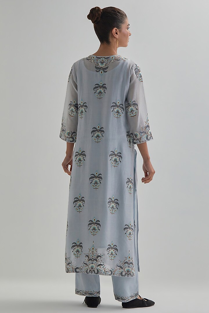 Blue Silk Chanderi Applique Embroidered Straight Kurta Set by Kora at Pernia's Pop Up Shop