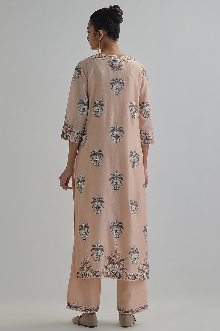 Pink Silk Chanderi Applique Embroidered Straight Kurta Set by Kora at Pernia's Pop Up Shop