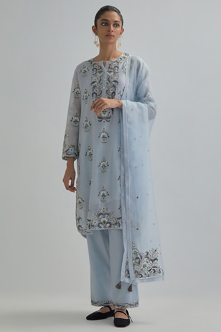 Blue Silk Chanderi Embroidered Short Kurta Set by Kora at Pernia's Pop Up Shop