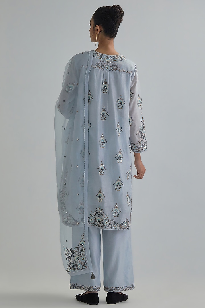 Blue Silk Chanderi Embroidered Short Kurta Set by Kora at Pernia's Pop Up Shop