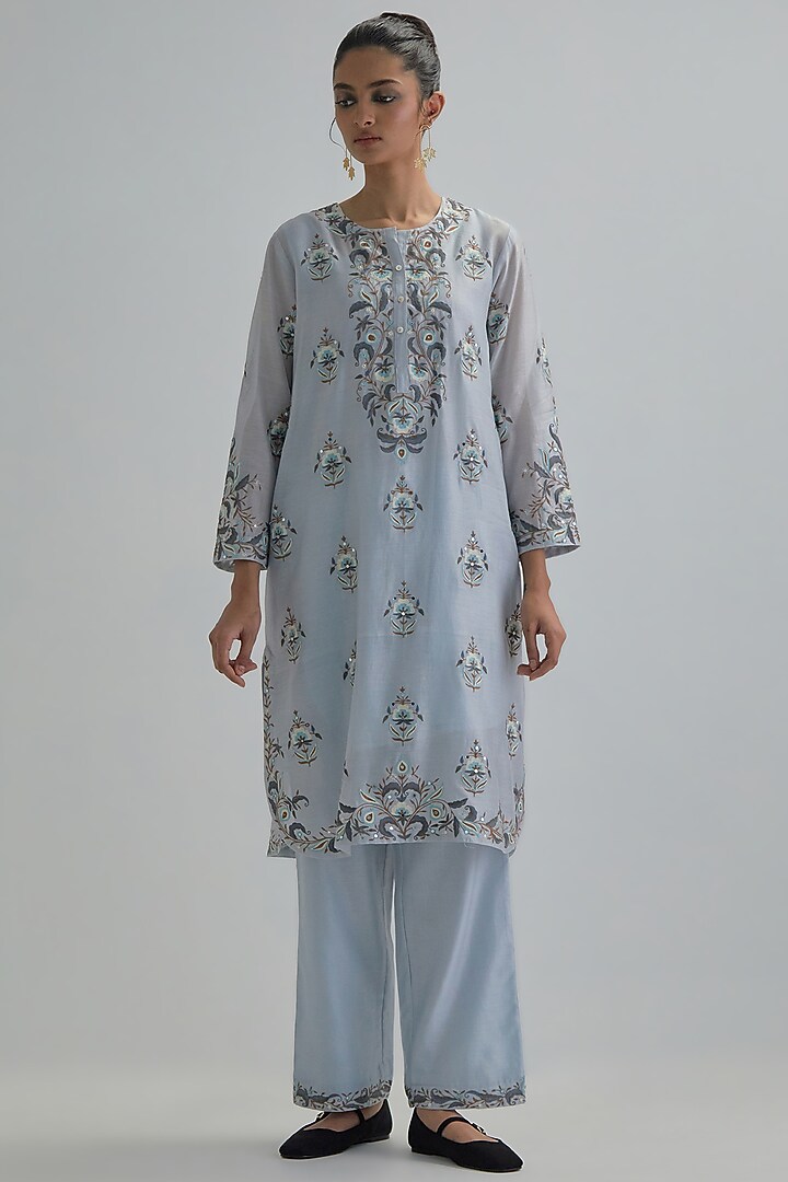 Blue Silk Chanderi Embroidered Short Kurta Set by Kora at Pernia's Pop Up Shop