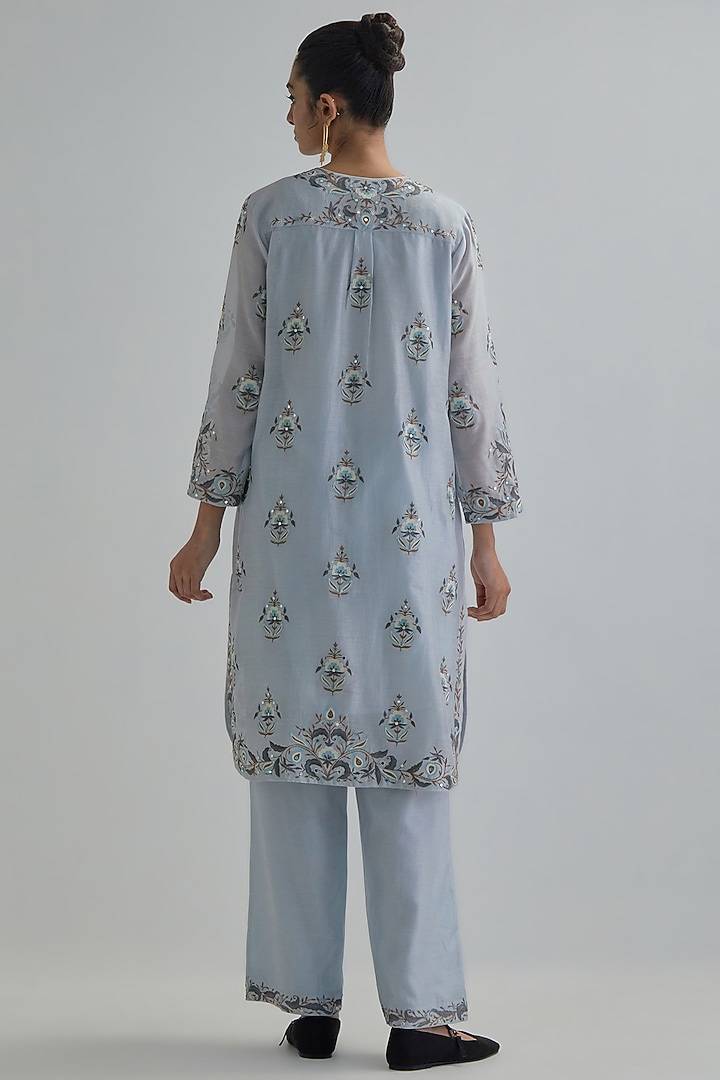 Blue Silk Chanderi Embroidered Short Kurta Set by Kora at Pernia's Pop Up Shop