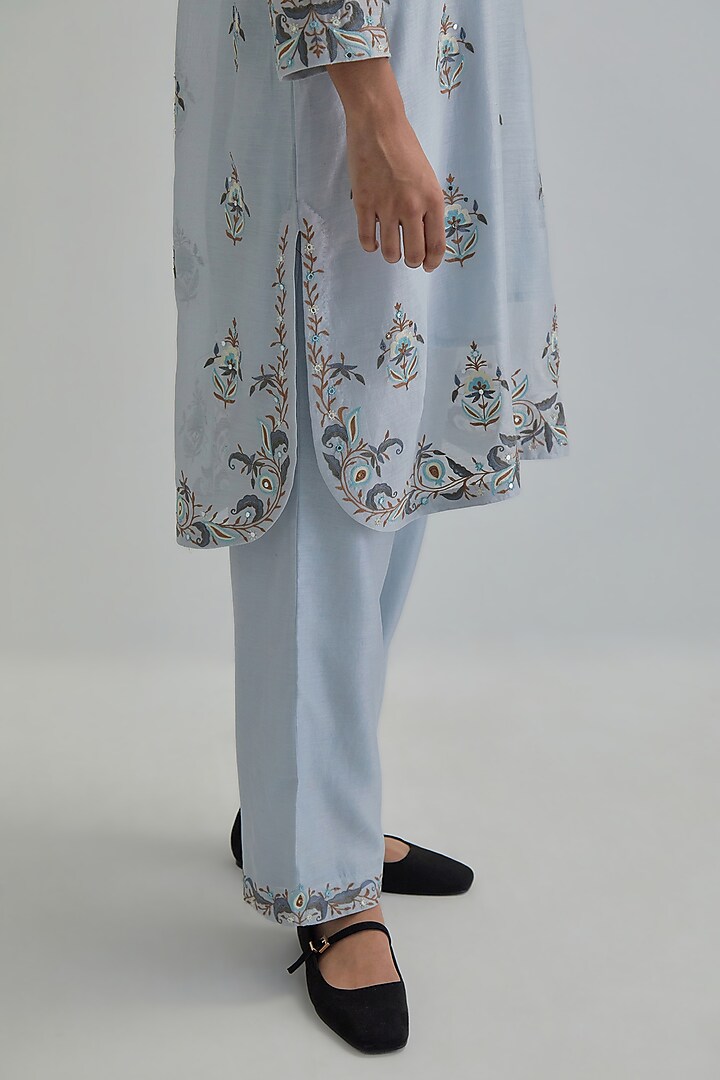 Blue Silk Chanderi Embroidered Short Kurta Set by Kora at Pernia's Pop Up Shop