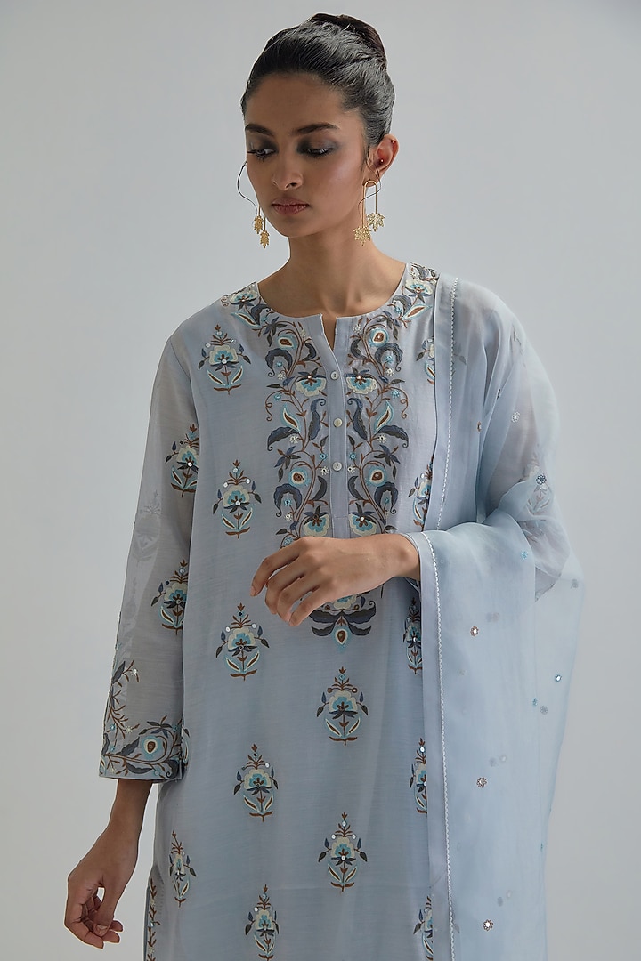Blue Silk Chanderi Embroidered Short Kurta Set by Kora at Pernia's Pop Up Shop