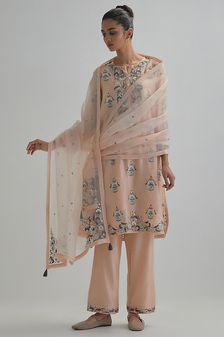 Pink Silk Chanderi Embroidered Short Kurta Set by Kora at Pernia's Pop Up Shop