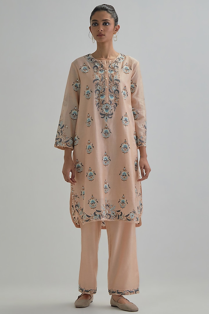 Pink Silk Chanderi Embroidered Short Kurta Set by Kora at Pernia's Pop Up Shop