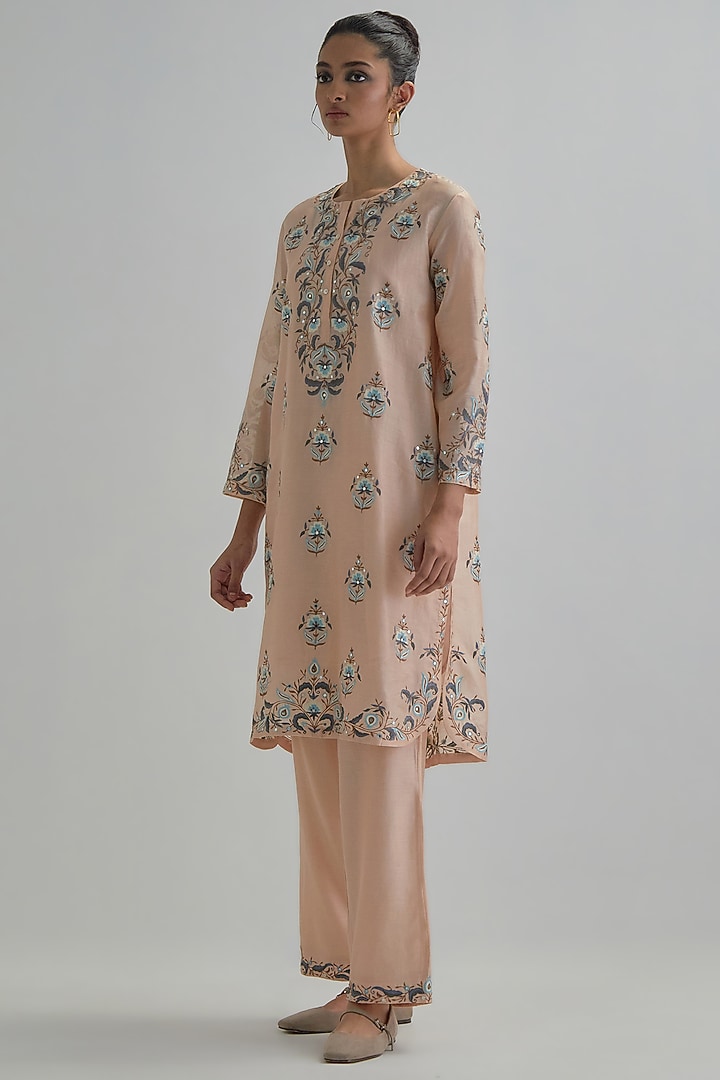 Pink Silk Chanderi Embroidered Short Kurta Set by Kora at Pernia's Pop Up Shop