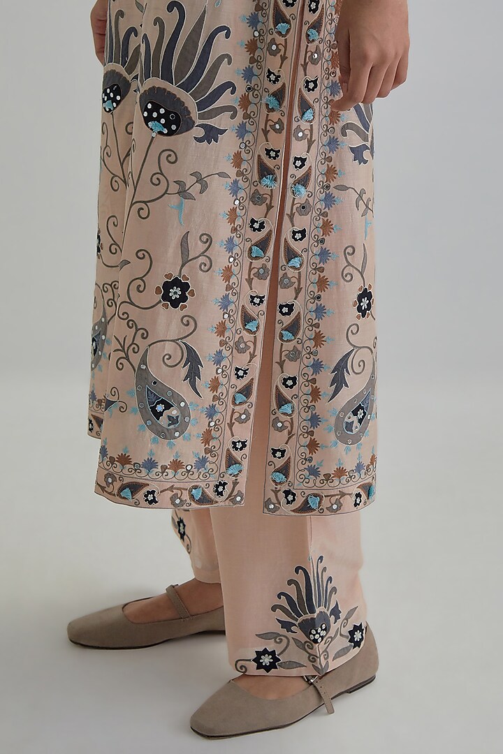 Pink Silk Chanderi Applique Embroidered Straight Kurta Set by Kora at Pernia's Pop Up Shop