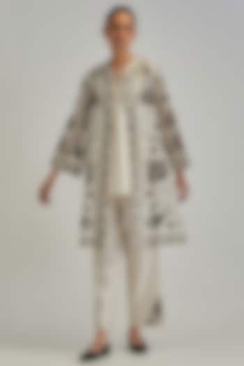 Off-White Silk Chanderi Applique Floral Work A-line Jacket Set by Kora at Pernia's Pop Up Shop