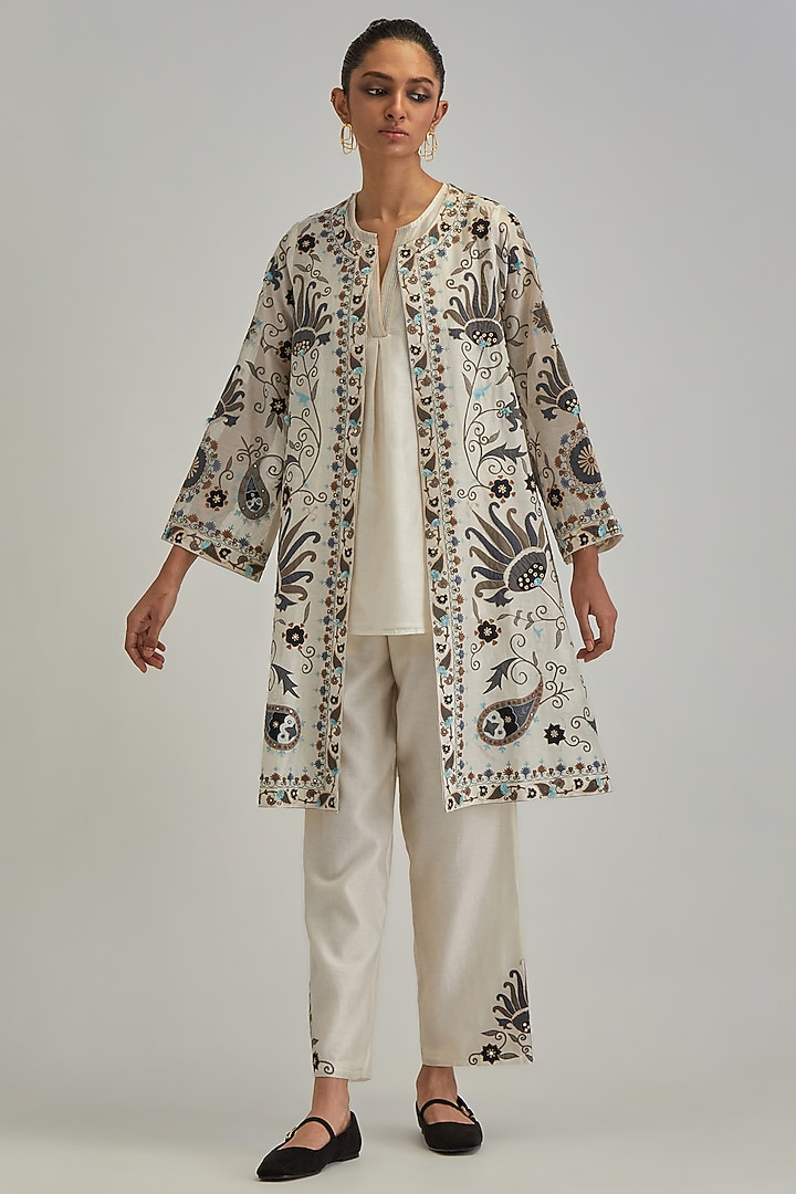 Off-White Silk Chanderi Applique Floral Work A-line Jacket Set by Kora at Pernia's Pop Up Shop