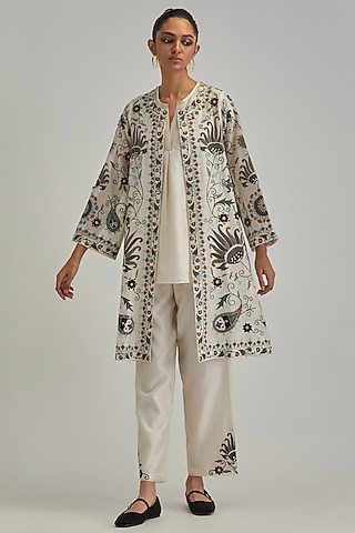 Off-White Silk Chanderi Applique Floral Work A-line Jacket Set by Kora