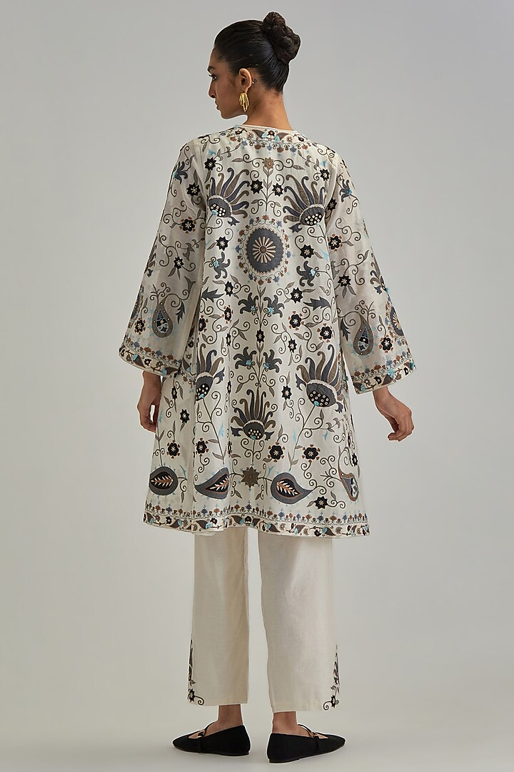 Off-White Silk Chanderi Applique Floral Work A-line Jacket Set by Kora at Pernia's Pop Up Shop
