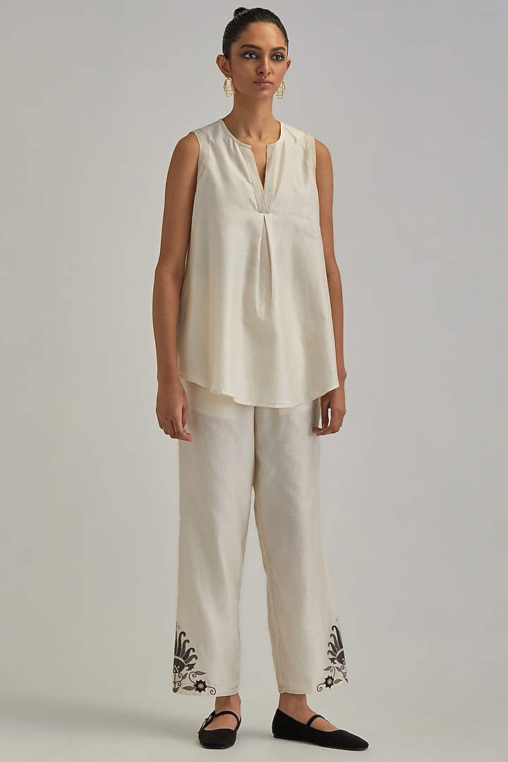 Off-White Silk Chanderi Applique Floral Work A-line Jacket Set by Kora at Pernia's Pop Up Shop
