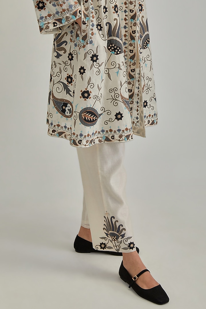 Off-White Silk Chanderi Applique Floral Work A-line Jacket Set by Kora at Pernia's Pop Up Shop
