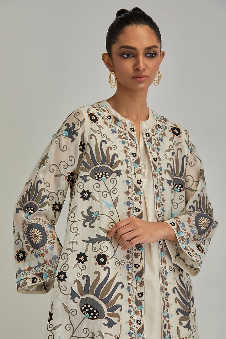 Off-White Silk Chanderi Applique Floral Work A-line Jacket Set by Kora at Pernia's Pop Up Shop