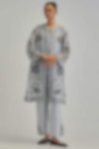 Blue Silk Chanderi Applique Floral Work A-line Jacket Set by Kora at Pernia's Pop Up Shop