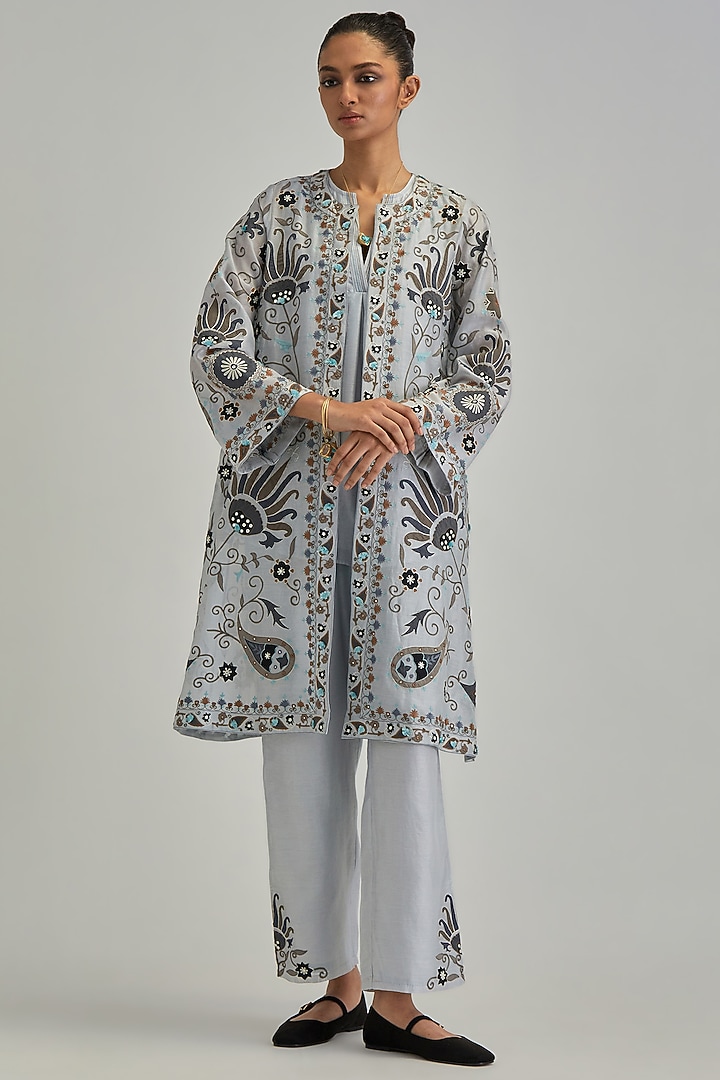 Blue Silk Chanderi Applique Floral Work A-line Jacket Set by Kora at Pernia's Pop Up Shop