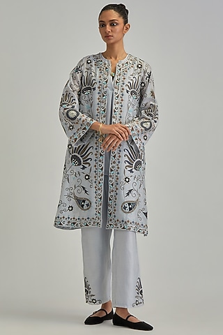 Blue Silk Chanderi Applique Floral Work A-line Jacket Set by Kora